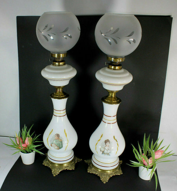 PAIR opaline white napoleon josephine portrait oil petrol lamps