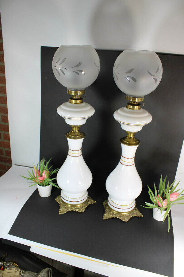 PAIR opaline white napoleon josephine portrait oil petrol lamps