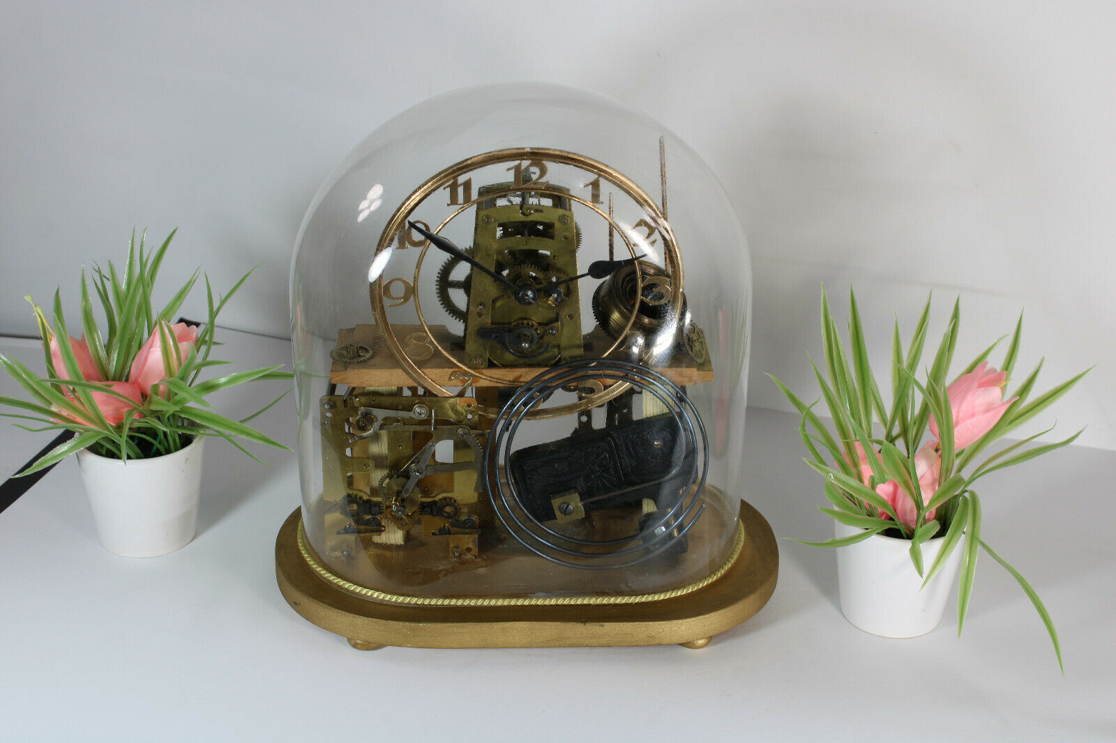 Steampunk skeleton vintage table clock hand made under globe dome glass rare