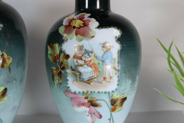 set 3 Opaline glass Enamel kittens cats Scene cute romantic mantel vases