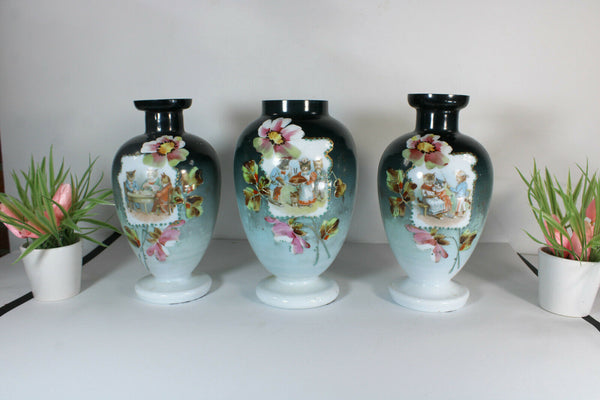 set 3 Opaline glass Enamel kittens cats Scene cute romantic mantel vases
