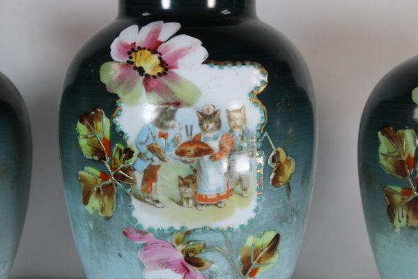 set 3 Opaline glass Enamel kittens cats Scene cute romantic mantel vases