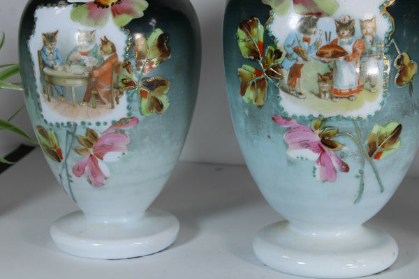 set 3 Opaline glass Enamel kittens cats Scene cute romantic mantel vases
