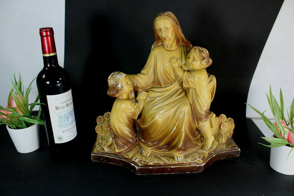 Antique Chalkware arnavo signed jesus with kids sculpture statue art deco