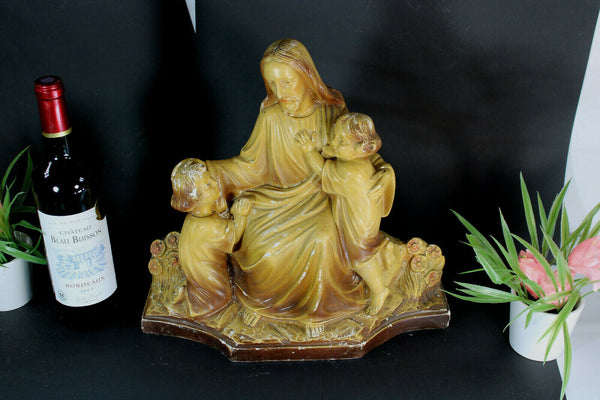 Antique Chalkware arnavo signed jesus with kids sculpture statue art deco
