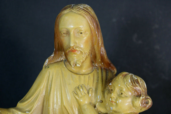 Antique Chalkware arnavo signed jesus with kids sculpture statue art deco
