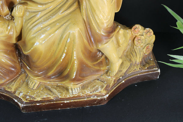 Antique Chalkware arnavo signed jesus with kids sculpture statue art deco