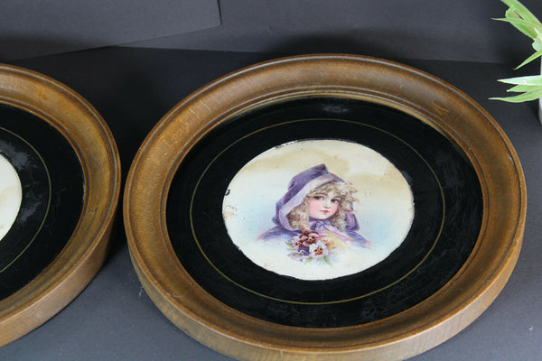 PAIR girl portrait on paper behind glass wood round wall frame panels
