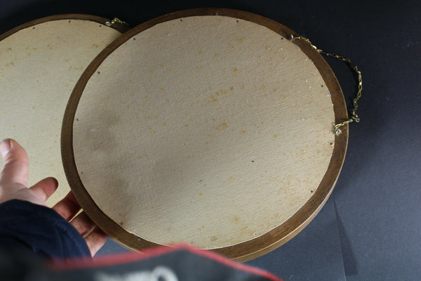 PAIR girl portrait on paper behind glass wood round wall frame panels