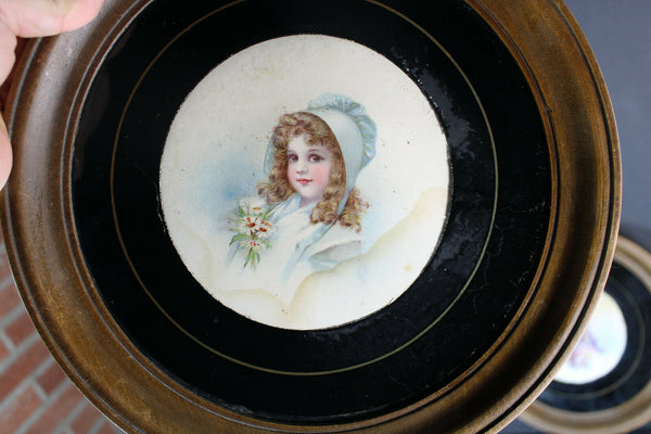 PAIR girl portrait on paper behind glass wood round wall frame panels