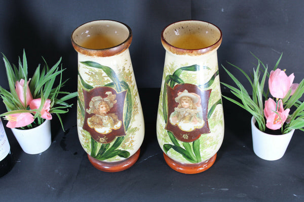 PAIR opaline glass french Portrait girl enamel decoration Vases