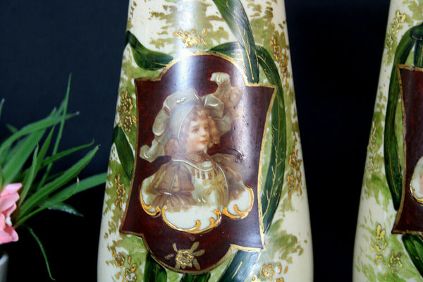 PAIR opaline glass french Portrait girl enamel decoration Vases