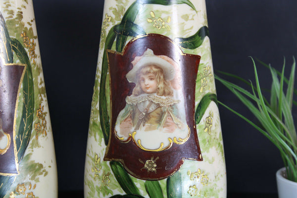 PAIR opaline glass french Portrait girl enamel decoration Vases