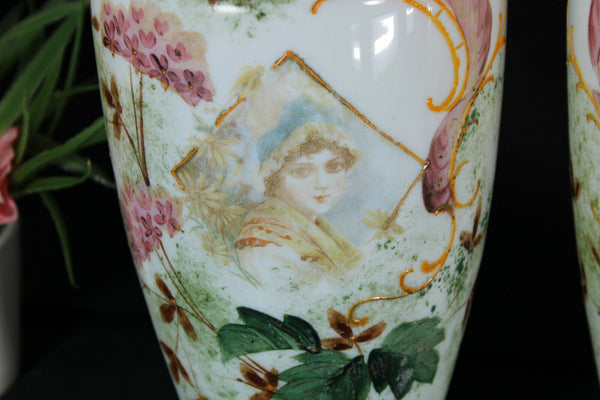 PAIR opaline glass french Portrait girl enamel decoration Vases
