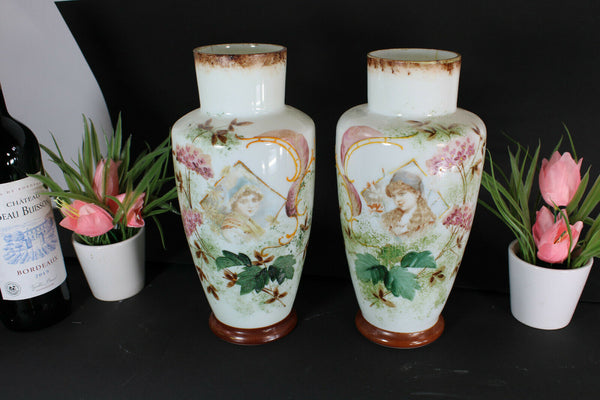 PAIR opaline glass french Portrait girl enamel decoration Vases