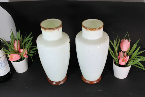 PAIR opaline glass french Portrait girl enamel decoration Vases