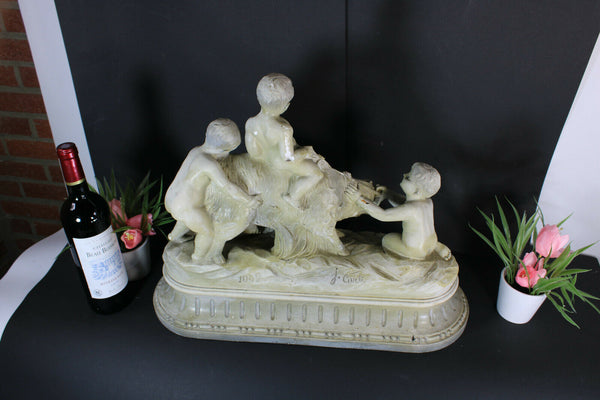 Antique XL CARLI signed Sculpture Statue putti cherub ram