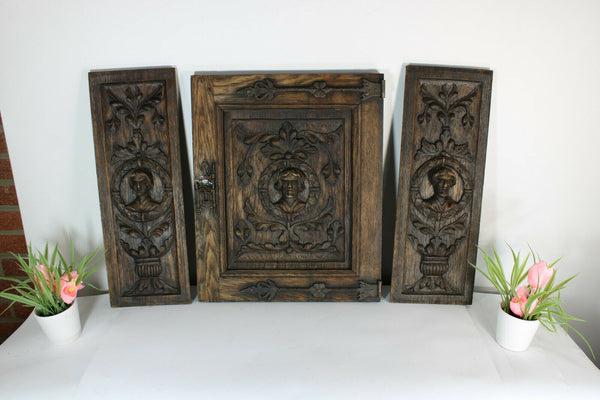 Set 3 woód carved portrait head panels cabinet