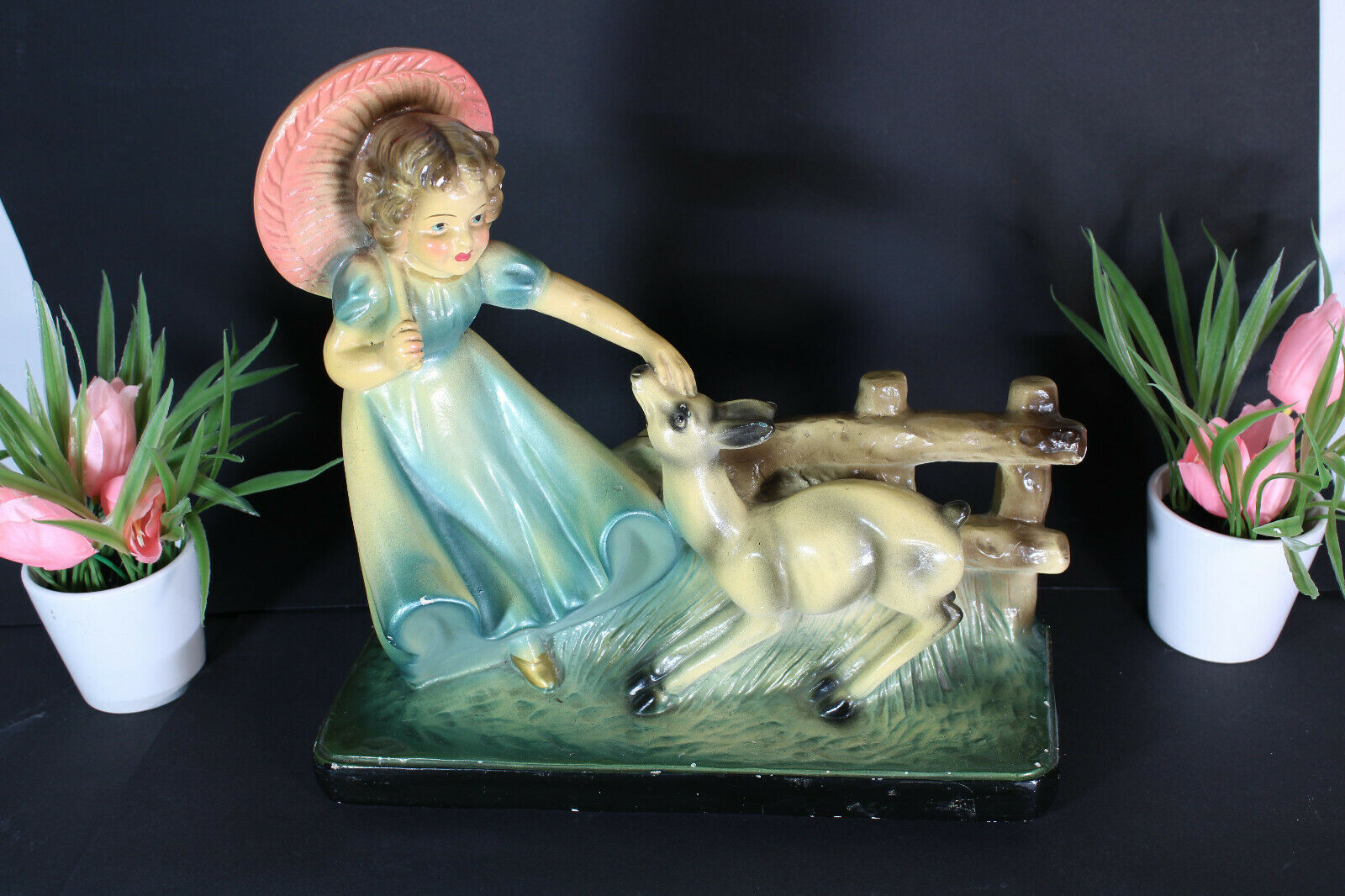Antique art deco chalkware girl deer romantic sculpture statue signed