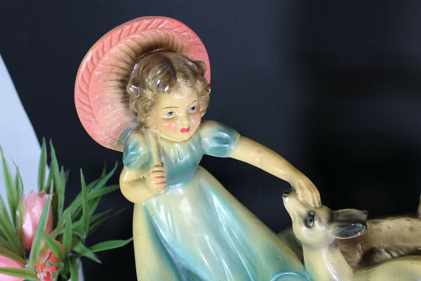 Antique art deco chalkware girl deer romantic sculpture statue signed