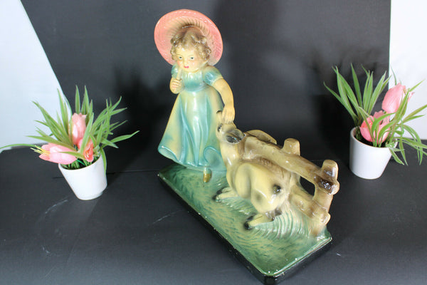 Antique art deco chalkware girl deer romantic sculpture statue signed