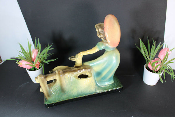 Antique art deco chalkware girl deer romantic sculpture statue signed