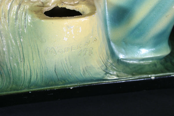 Antique art deco chalkware girl deer romantic sculpture statue signed