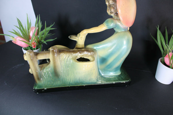 Antique art deco chalkware girl deer romantic sculpture statue signed