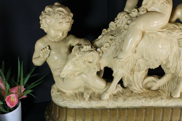 Antique XL art deco sculpture putti cherub ram signed cipriani