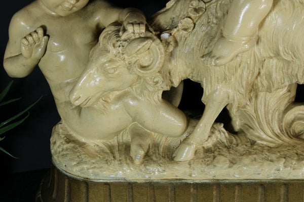 Antique XL art deco sculpture putti cherub ram signed cipriani