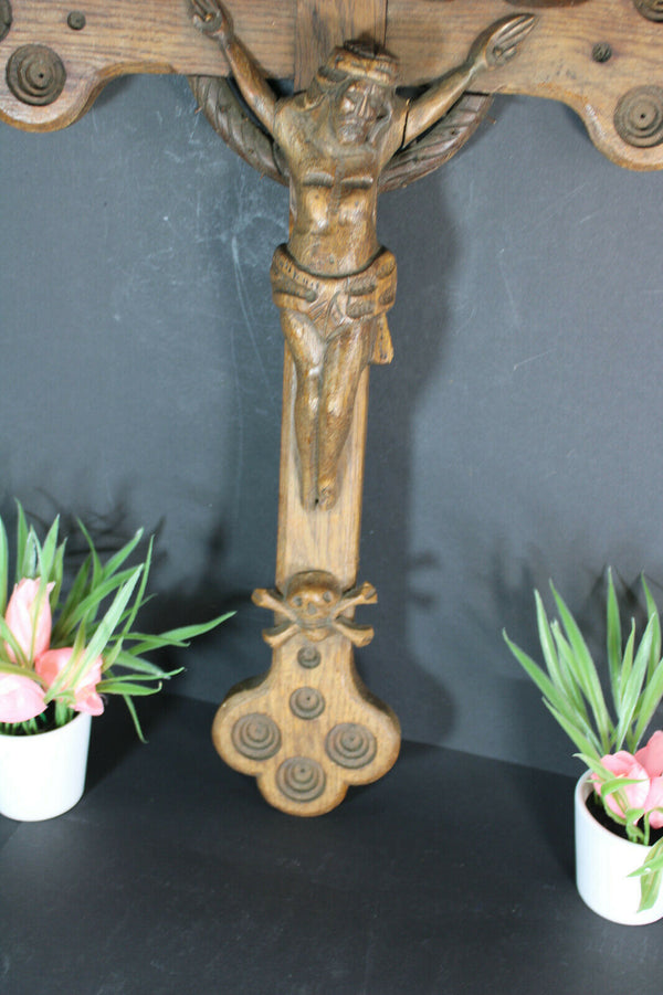 Antique XL crucifix wood carved religious rare
