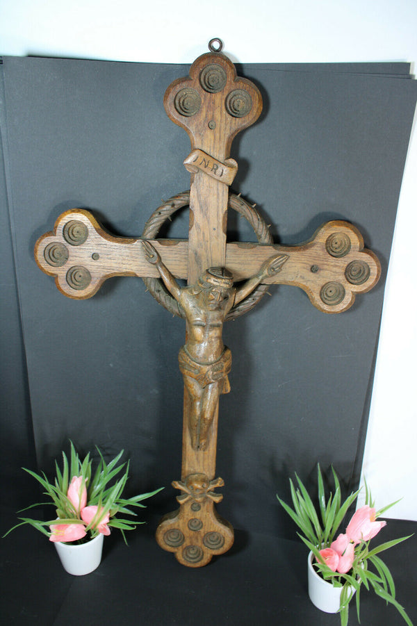 Antique XL crucifix wood carved religious rare