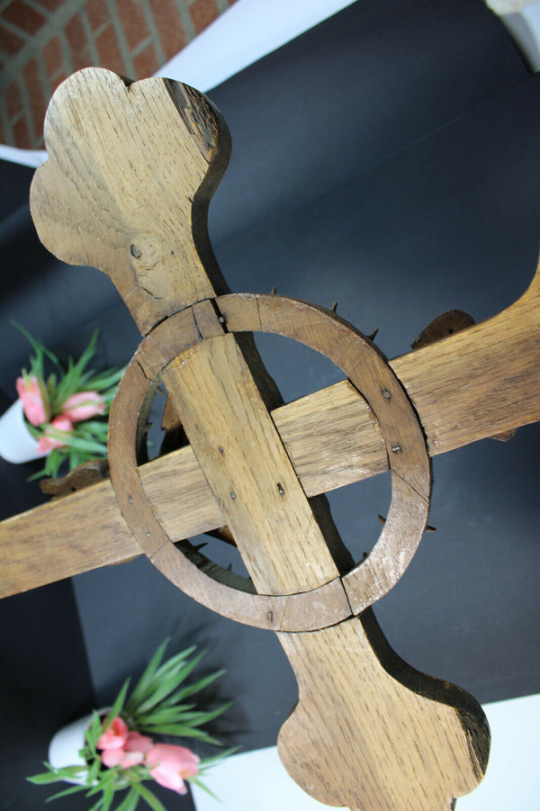 Antique XL crucifix wood carved religious rare