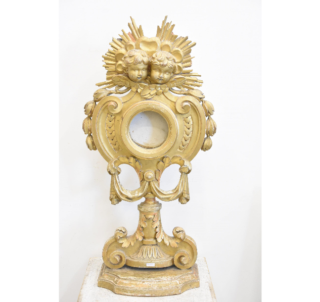 Antique 31.8" xl italian Wood carved angels putti Relic holder stand religious