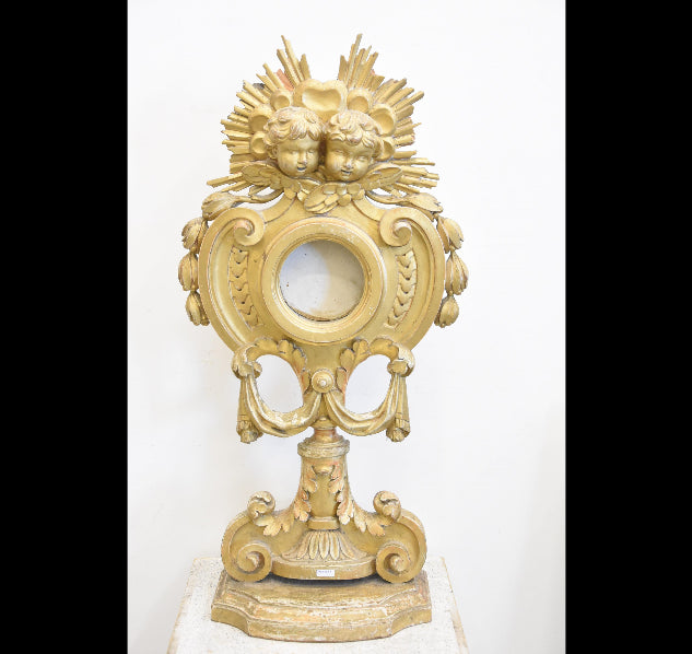 Antique 31.8" xl italian Wood carved angels putti Relic holder stand religious