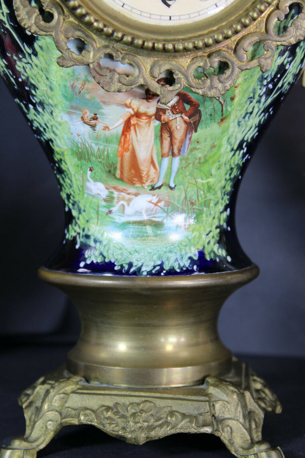 Antique french cobalt blue faience victorian scene dragon handles mantel clock