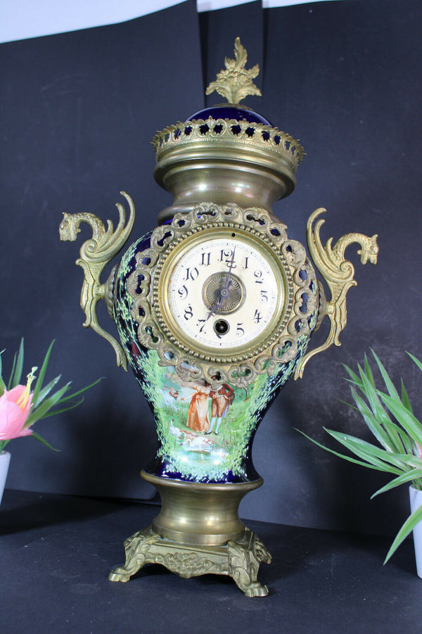 Antique french cobalt blue faience victorian scene dragon handles mantel clock