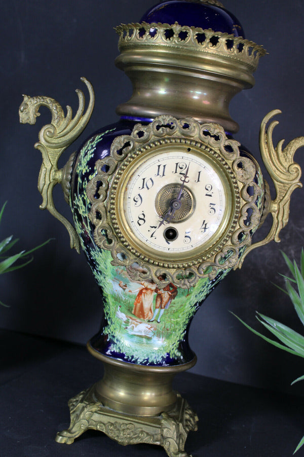 Antique french cobalt blue faience victorian scene dragon handles mantel clock