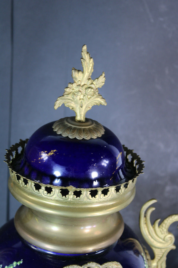 Antique french cobalt blue faience victorian scene dragon handles mantel clock