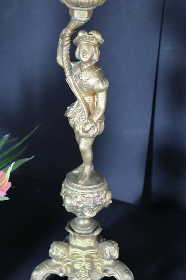 PAIR XL antique zamac metal Candelabras candle holder caryatid boy girl figurine