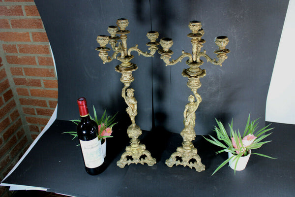PAIR XL antique zamac metal Candelabras candle holder caryatid boy girl figurine