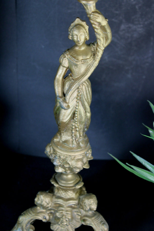 PAIR XL antique zamac metal Candelabras candle holder caryatid boy girl figurine