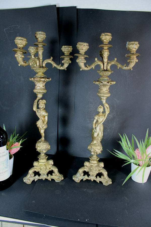 PAIR XL antique zamac metal Candelabras candle holder caryatid boy girl figurine