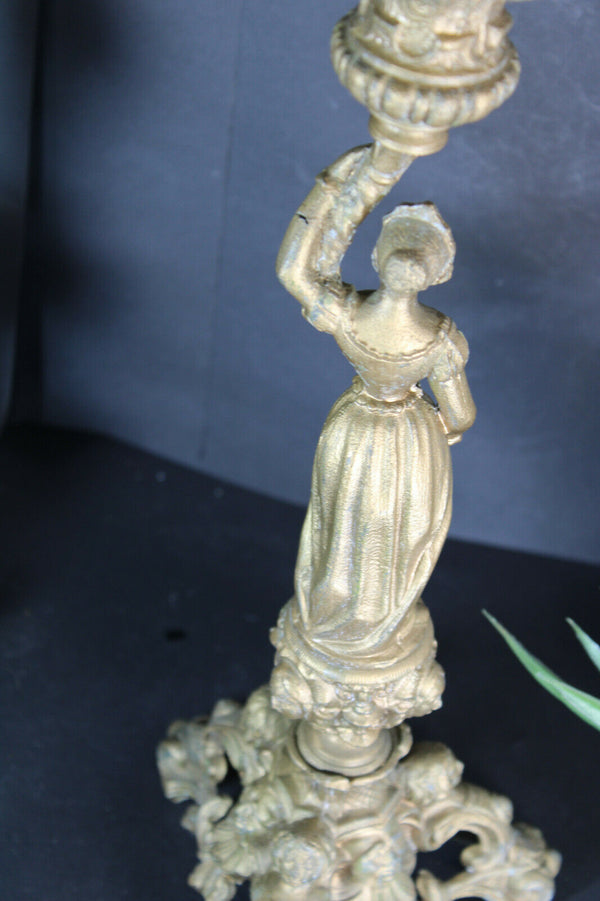 PAIR XL antique zamac metal Candelabras candle holder caryatid boy girl figurine