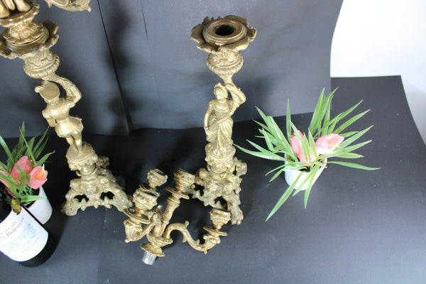 PAIR XL antique zamac metal Candelabras candle holder caryatid boy girl figurine