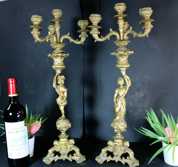 PAIR XL antique zamac metal Candelabras candle holder caryatid boy girl figurine