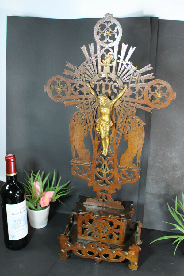 Antique XL Wood cut crucifix archangels figurines