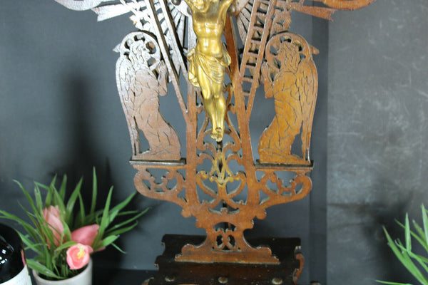 Antique XL Wood cut crucifix archangels figurines
