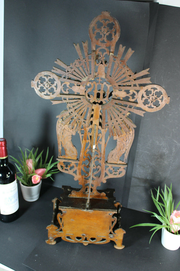 Antique XL Wood cut crucifix archangels figurines