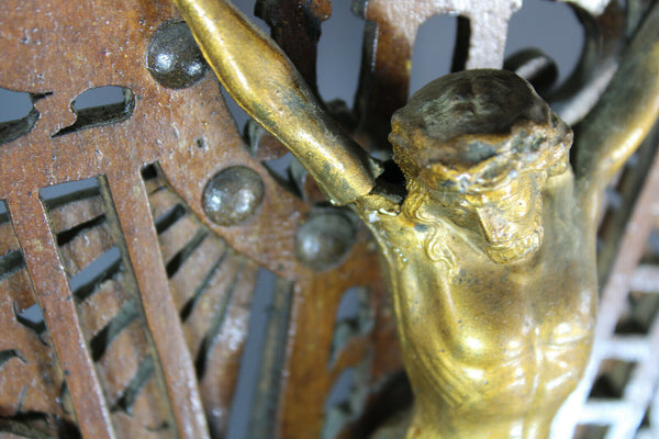 Antique XL Wood cut crucifix archangels figurines